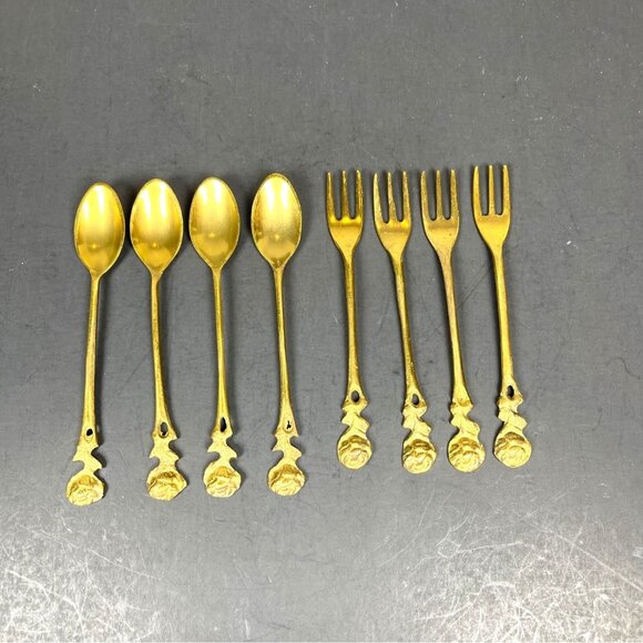Brass Demitasse Coffee Spoon Dessert Salad Fork Gold Tone Rose Handle Set 4 VTG - Picture 5 of 13